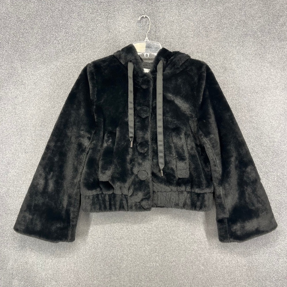 dh New York Faux Fur Jacket Women Small Black Hooded Bell Sleeve Cropped Plush
